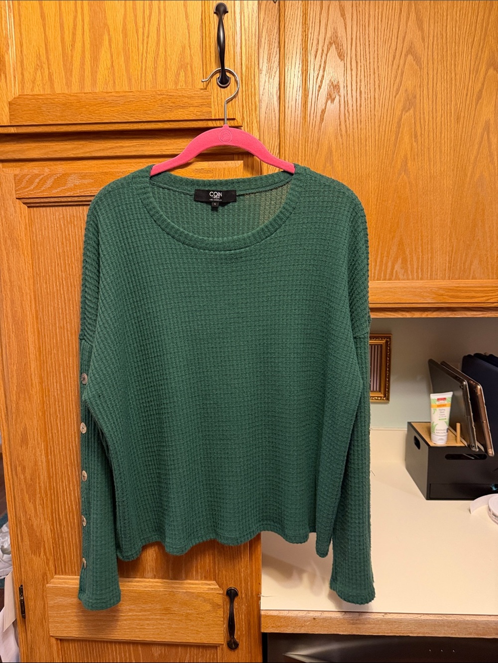 C&N Forest Green Waffle-Knit Crew Sweater with Sleeve Button Detail
